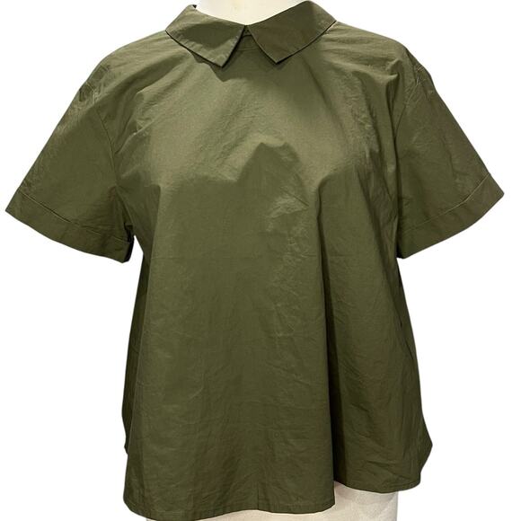 Lalu Blouse Womens S Olive Green Collared Back Cutout Tie Boxy Contemporary Top - Picture 1 of 12